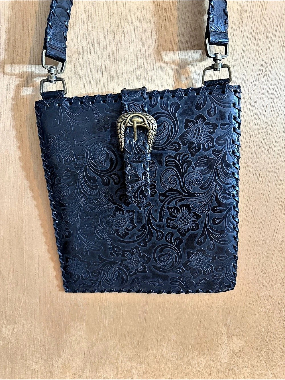 Black Floral Embossed Crossbody Bag